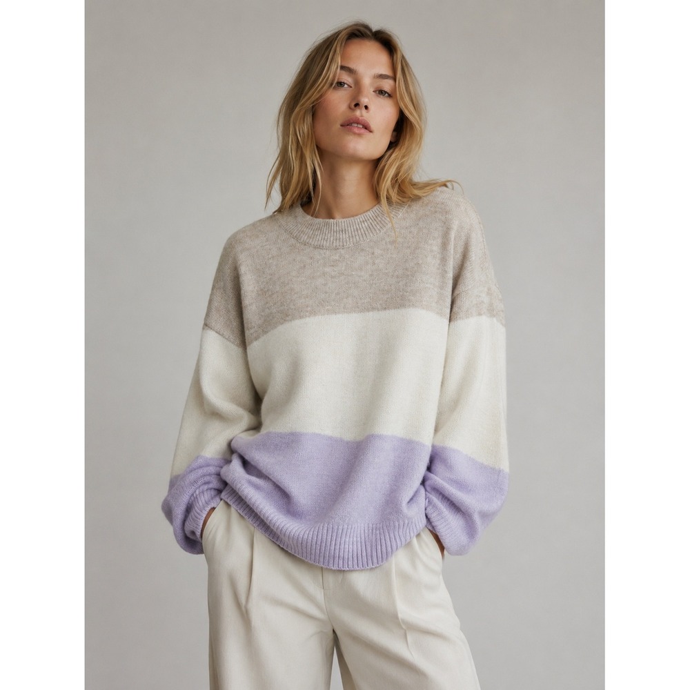 H&M Womens Colorblock Oversized Wool Blend Knit Sweater Taupe White Lavender M